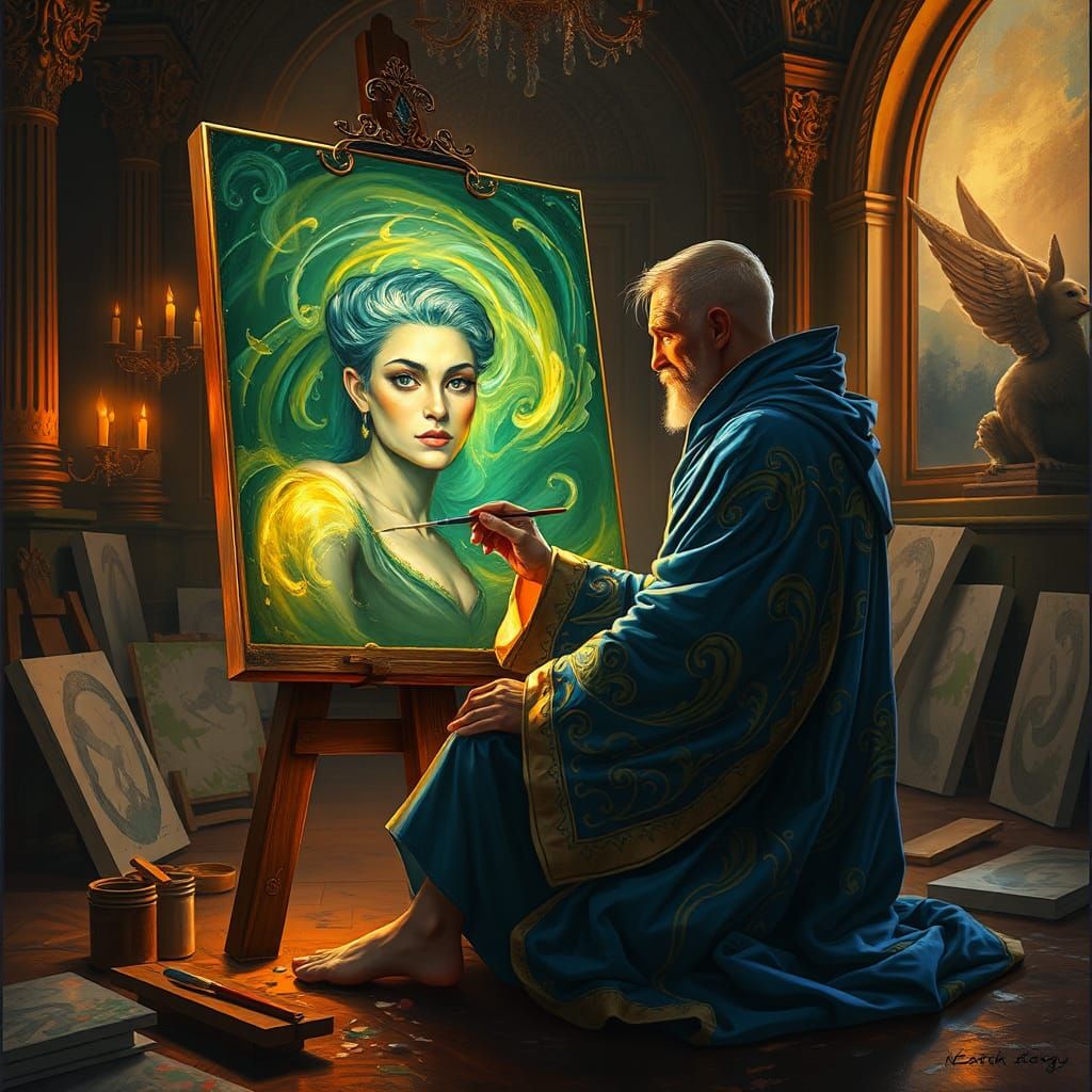Mystical Painter Creating Self-Portrait in Ornate Chamber