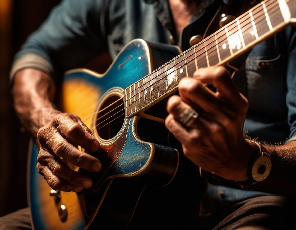 Blues Musician's Hands on Guitar, Hyper-Realistic Close-Up
