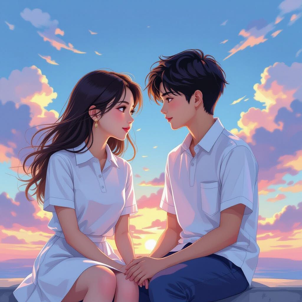 Asian Children in Vibrant Sky, Digital Art