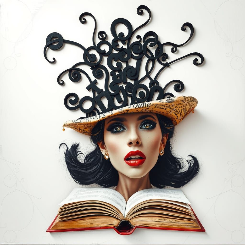 Expressive Book Letter Hat Portrait in Art Brut Style