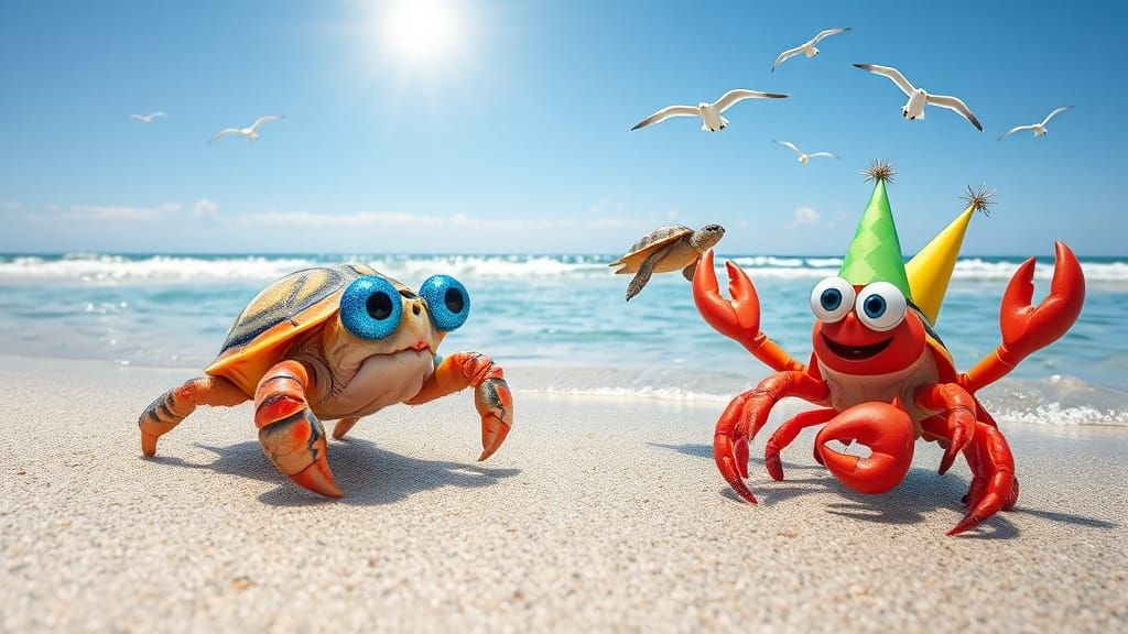 Whimsical Hermit Crab with Friends on Sandy Beach