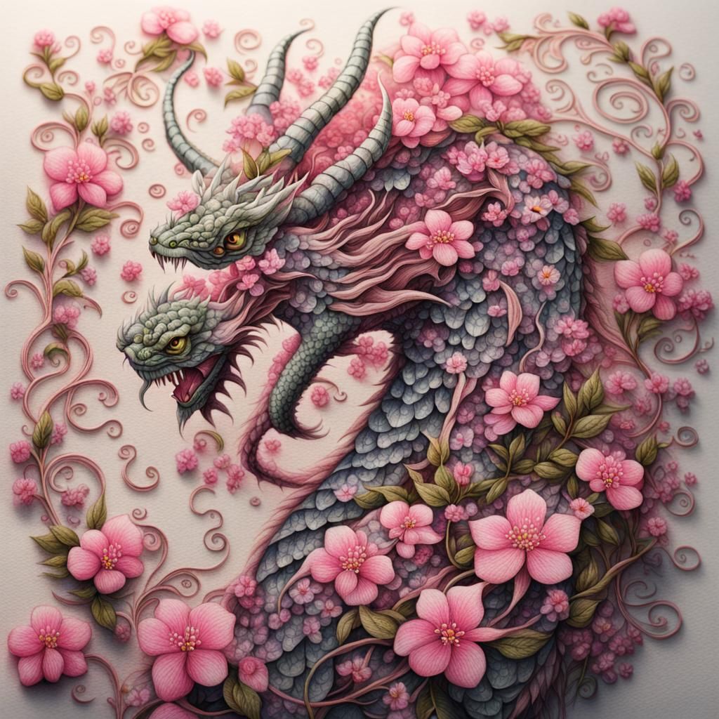 Floral Dragon Botanical Illustration in Fantasy Style