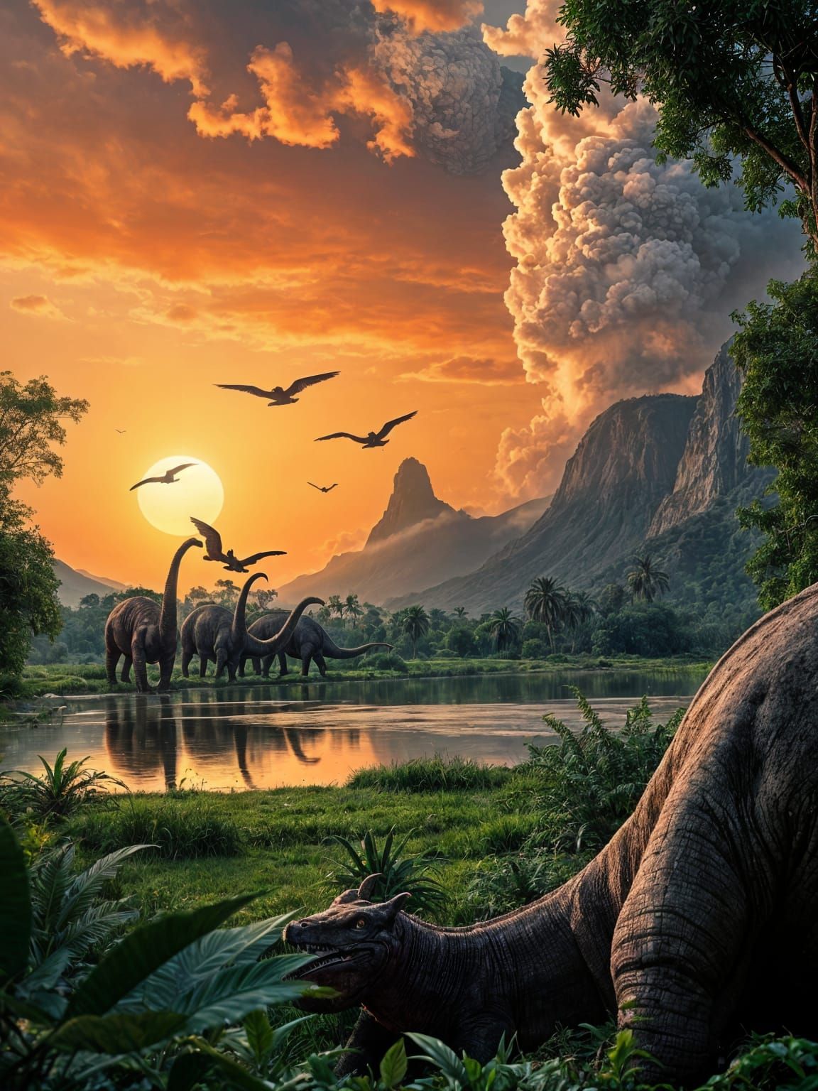 Lush Jurassic Jungle with Towering Dinosaurs