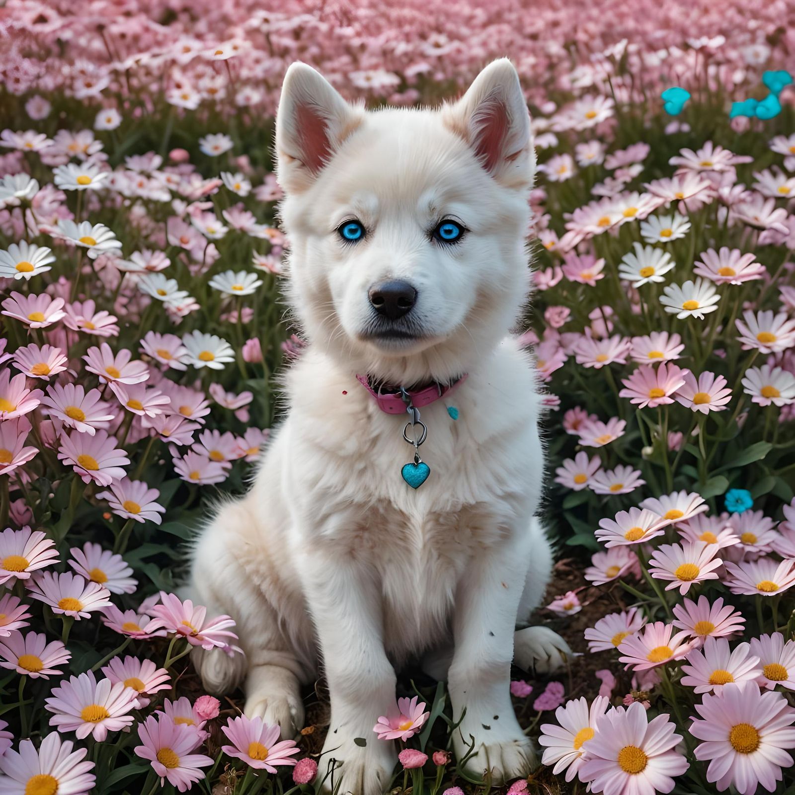 Husky Puppy in Pink Daisies: HDR Photography