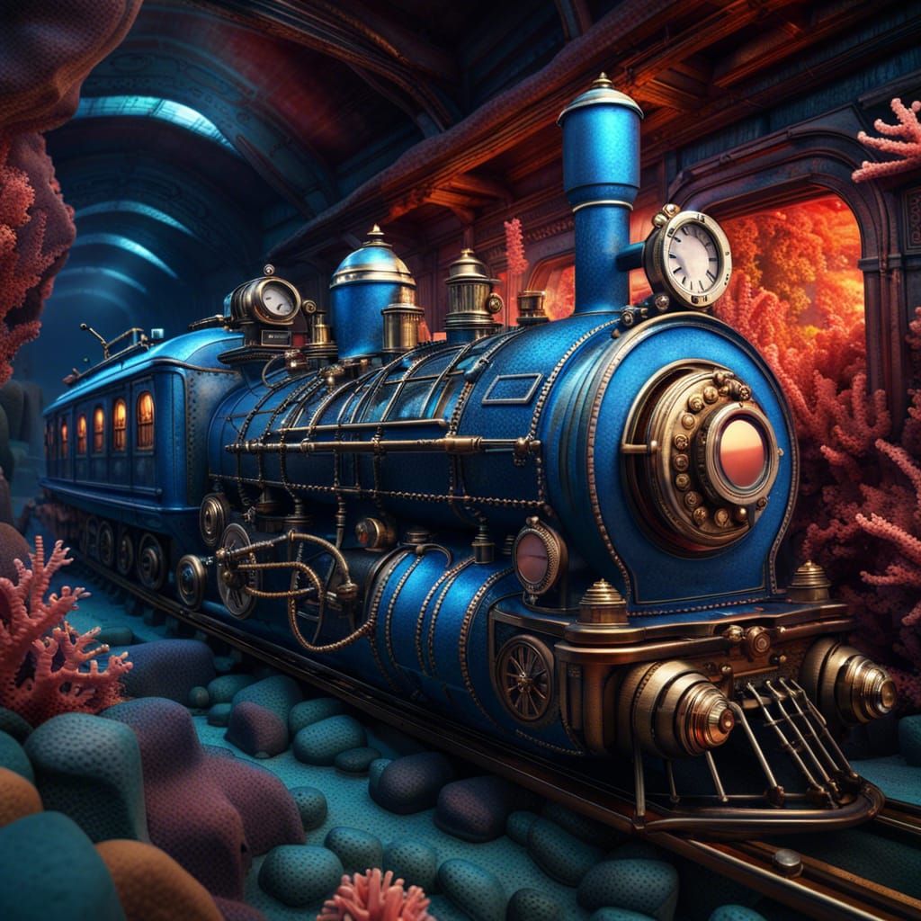 Sapphire Steampunk Train Amidst Coral Reef