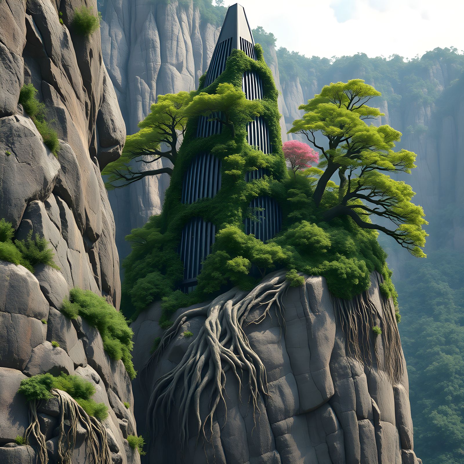 Modern Skyscraper Built into Cliffside, Detailed Matte Paint...