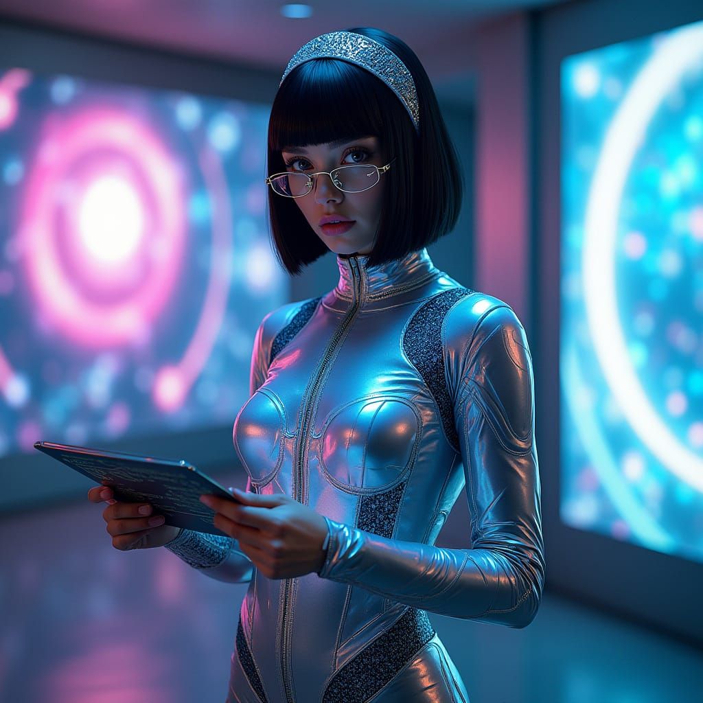 Cyberpunk Woman in Neon Atrium with Data Tablet