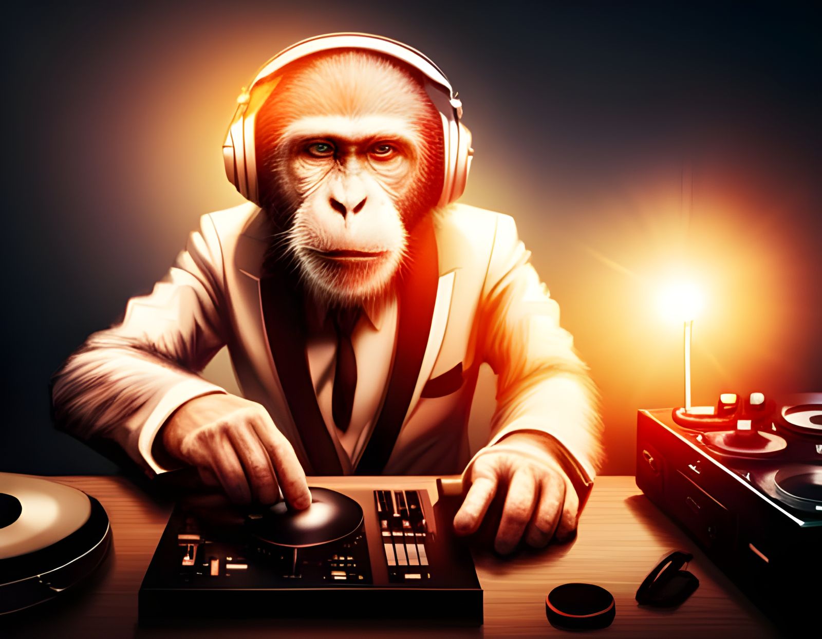 Hyperrealistic White Monkey DJing a Party