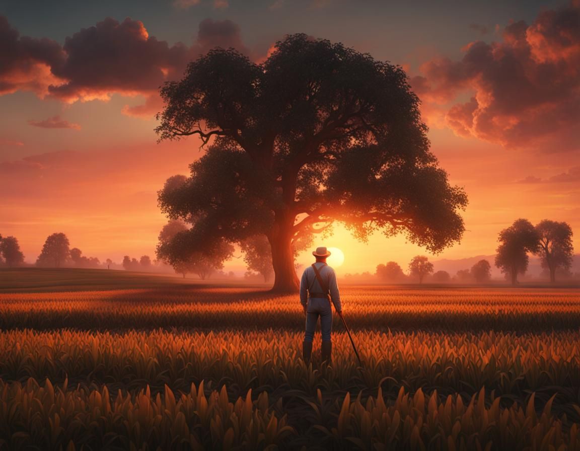 Farmer Watching Sunset: Cinematic Landscape Art