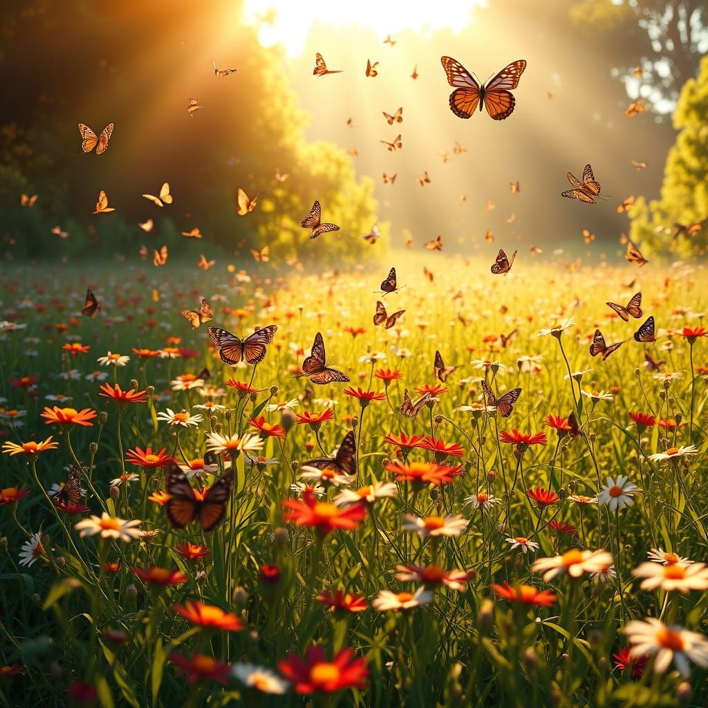 Vibrant Field of Wildflowers with Kaleidoscope of Butterflie...