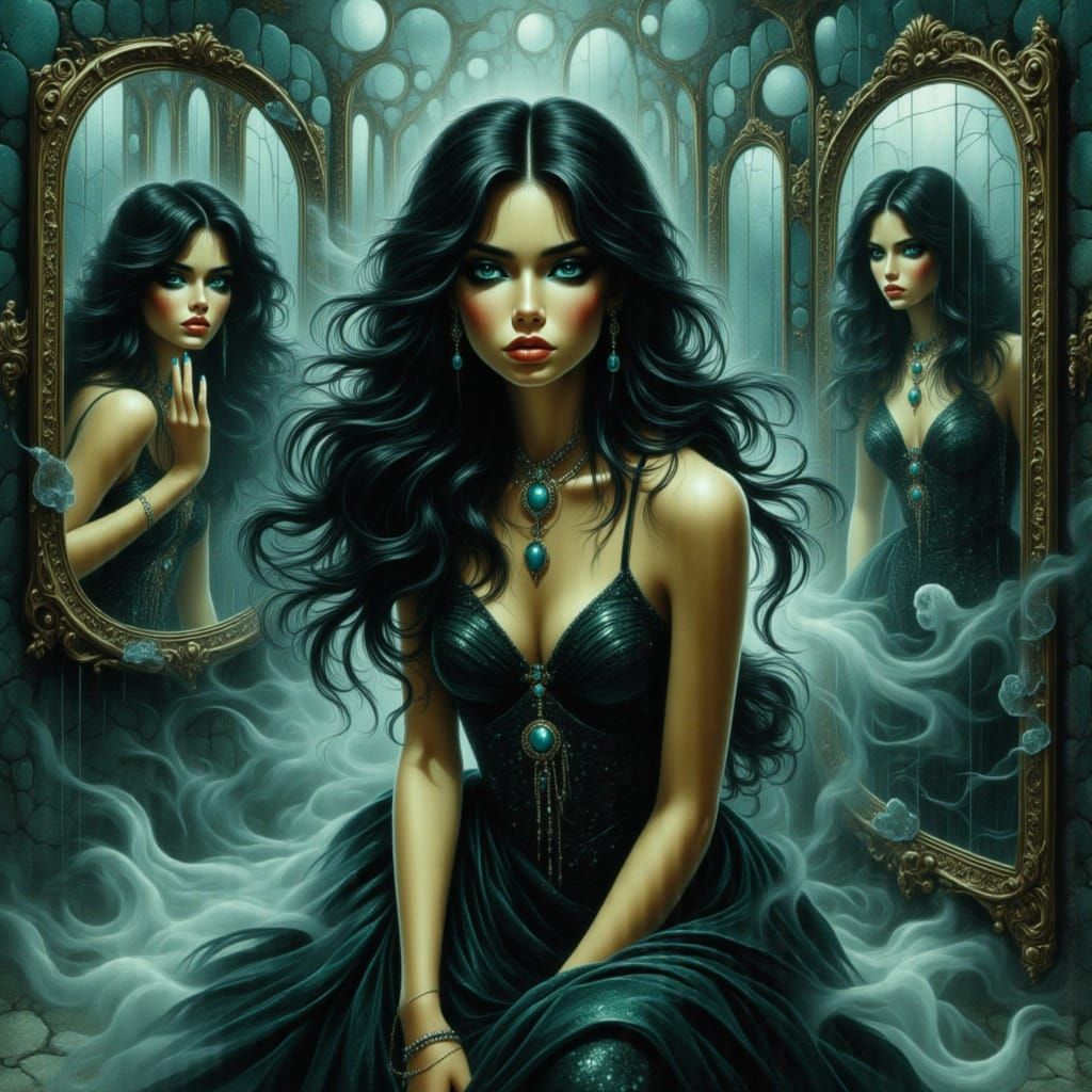 Ethereal Woman Lost in Dark, Surreal Reflections