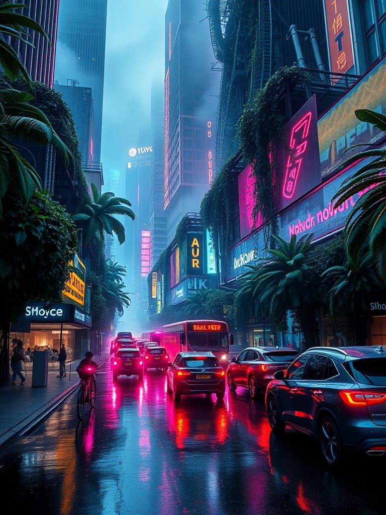 Cyberpunk Metropolis Reclaimed by Nature in Rain