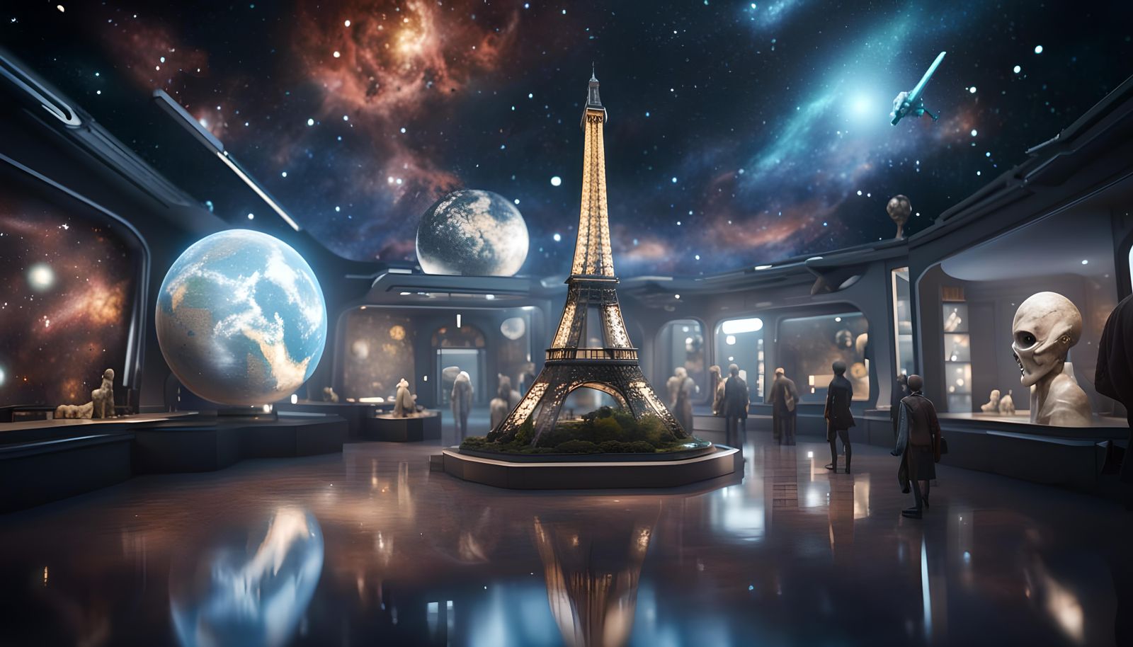 Museum Floating in Space with Alien Visitors