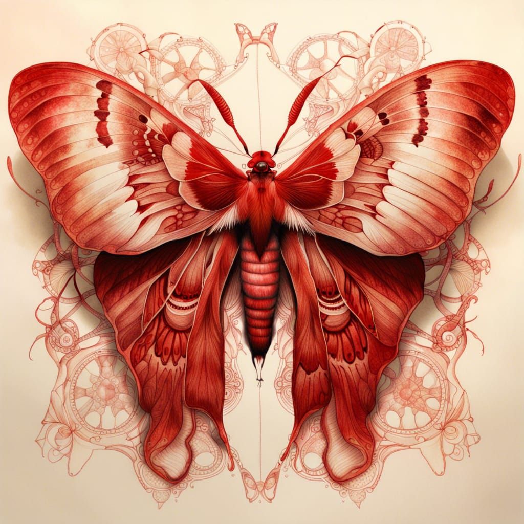 Intricate Red Ink Rorschach Test with Moon Moth