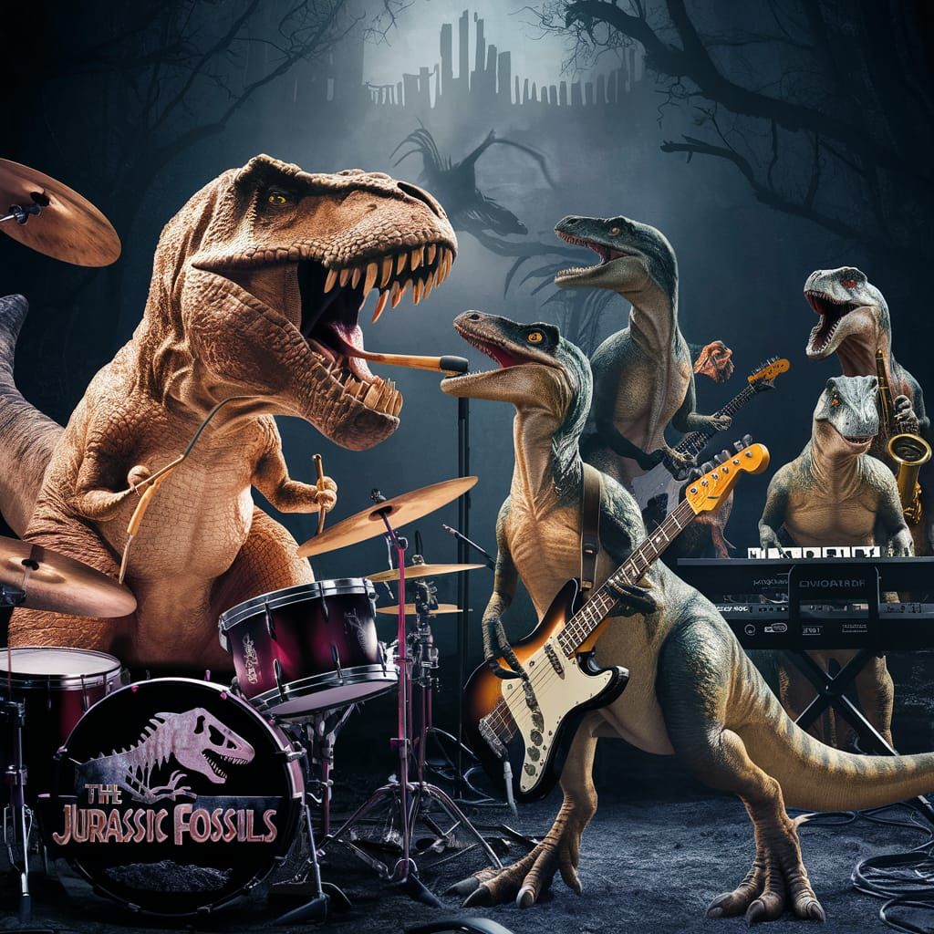 Hyperrealistic Movie Poster of Dinosaur Band The Jurassic Fo...