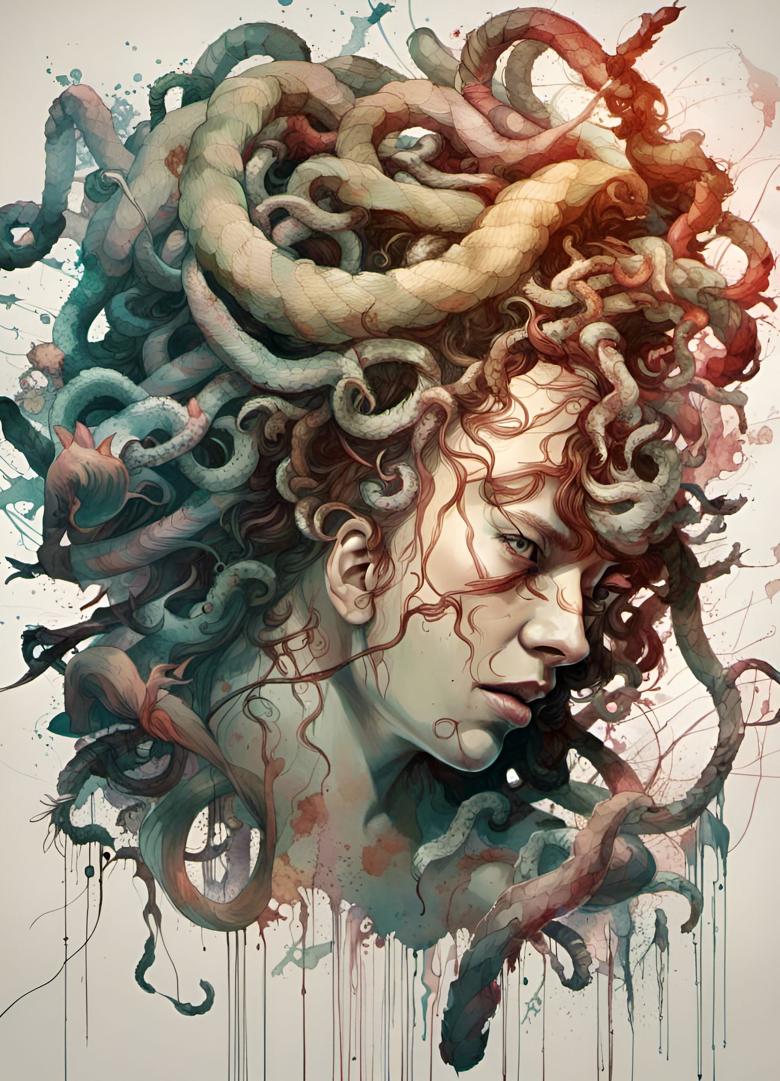 Medusa Portrait with Snakes, Dramatic Inkblot Art