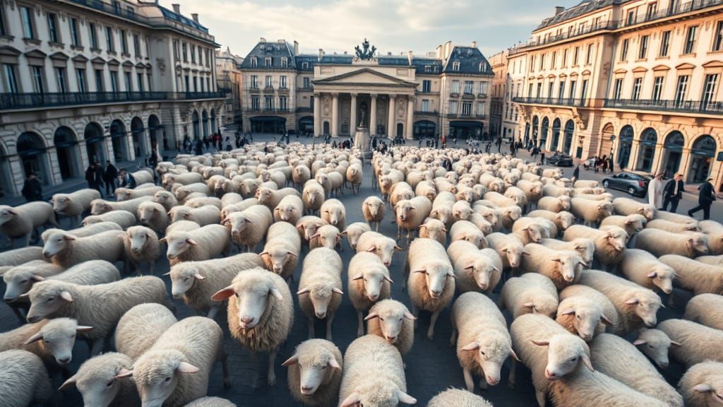 Sheep Mob Walks Through Paris Square