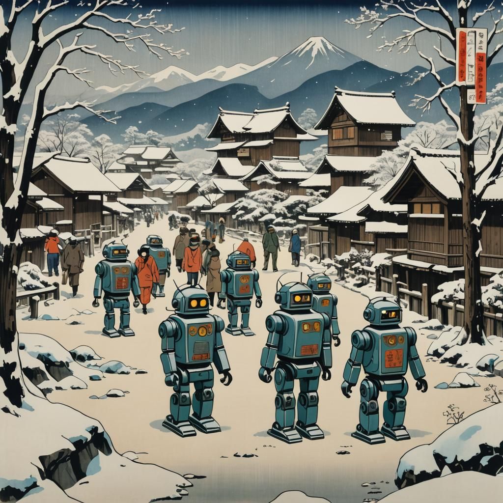 Shirakawa-go Visited by Vintage Robots: Ukiyo-e Style