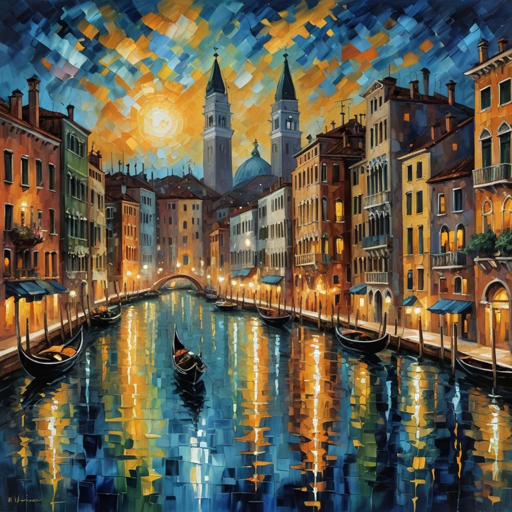 Venice Night Cityscape in Neo-Impressionist Style