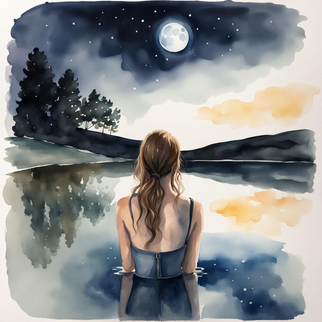 Watercolor Portrait: Girl Reflecting in Moonlit Pool