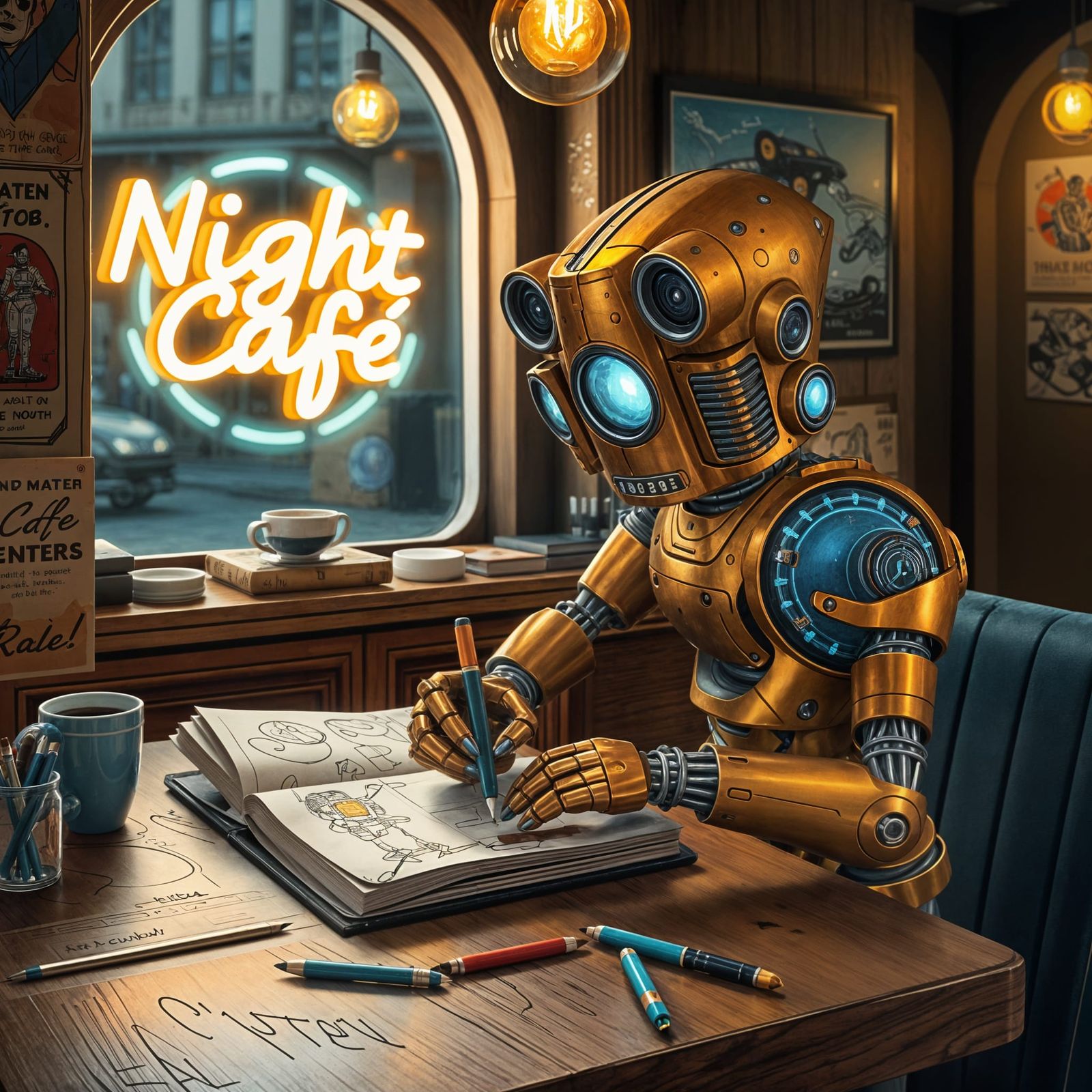 Robot Artist in Futuristic Night Café