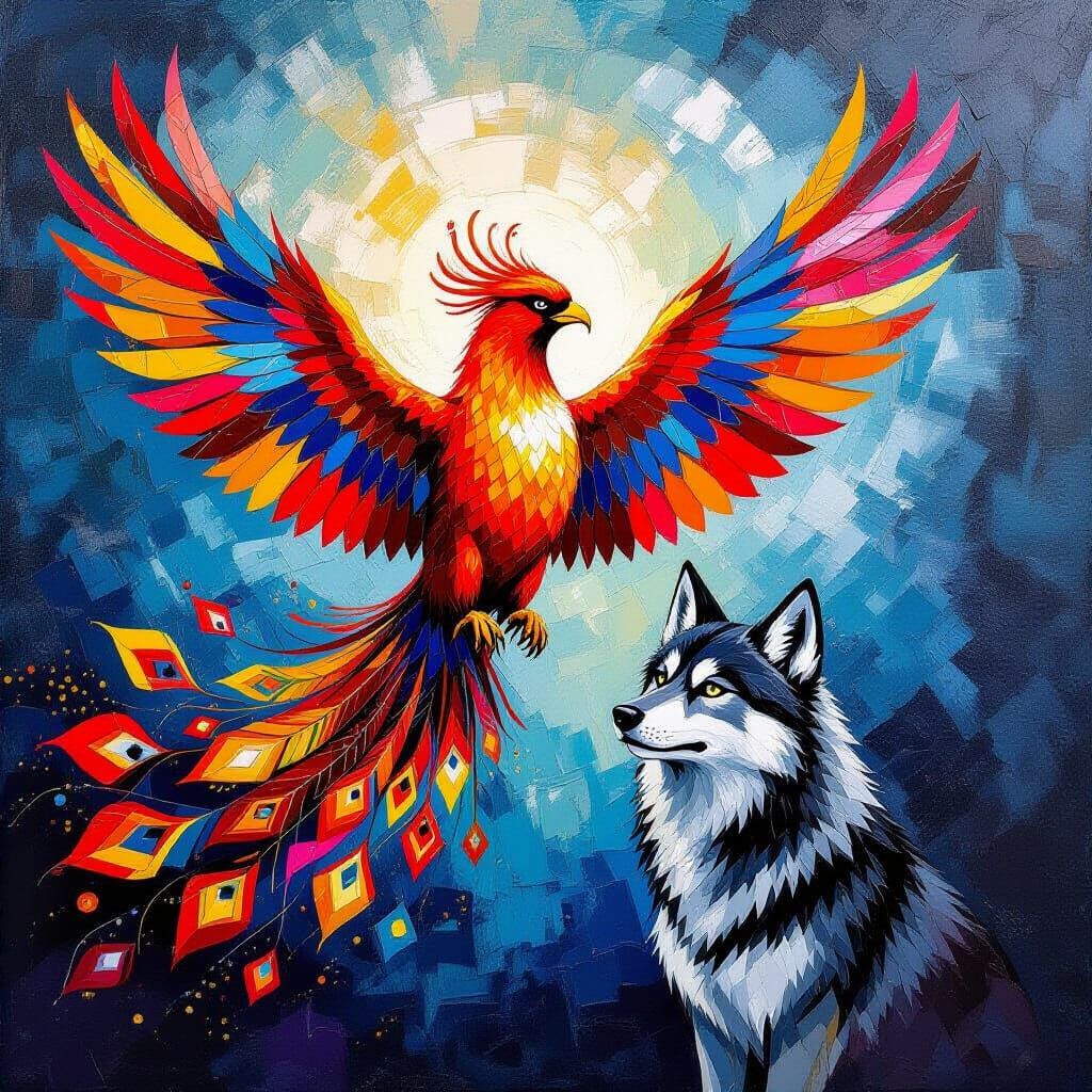 Majestic Fire Phoenix and Shadow Wolf in Impasto Abstract