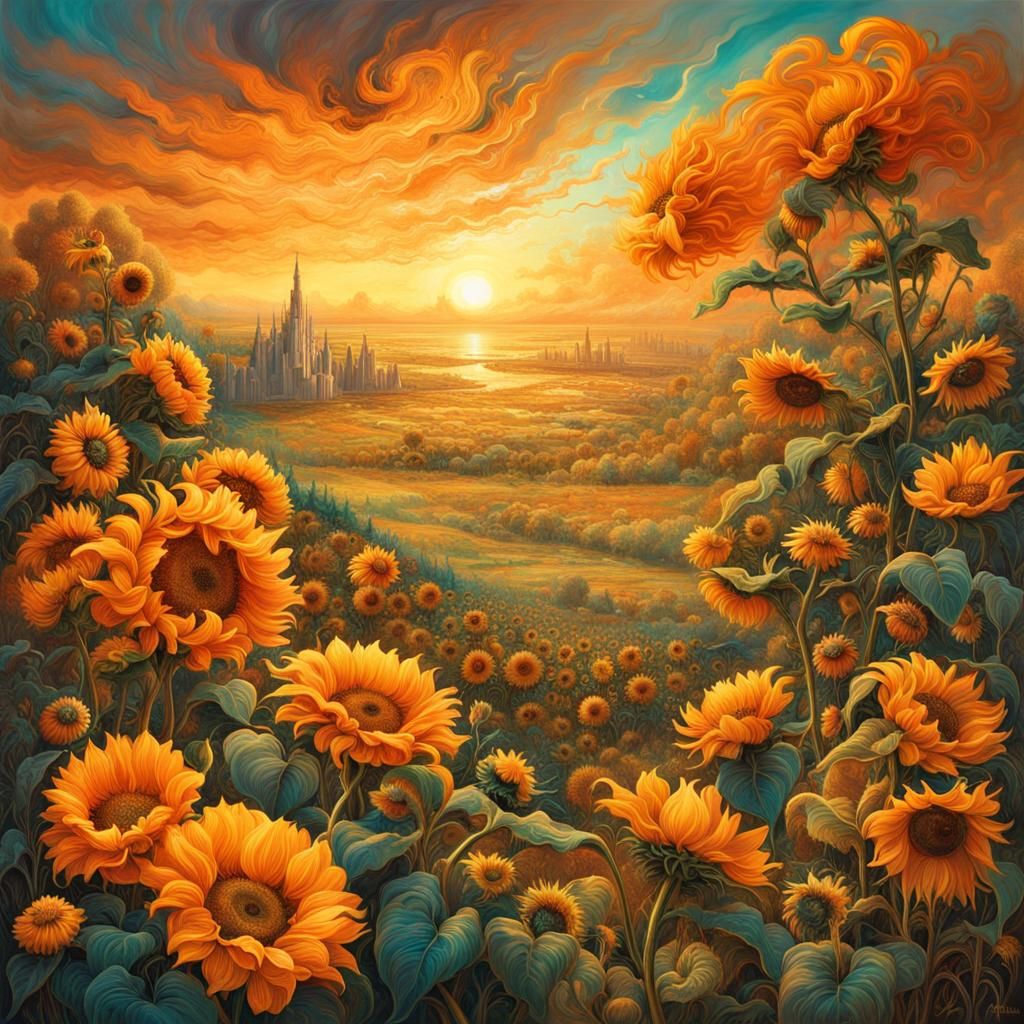 Golden Sunflowers Field at Sunset: Magical Matte Painting