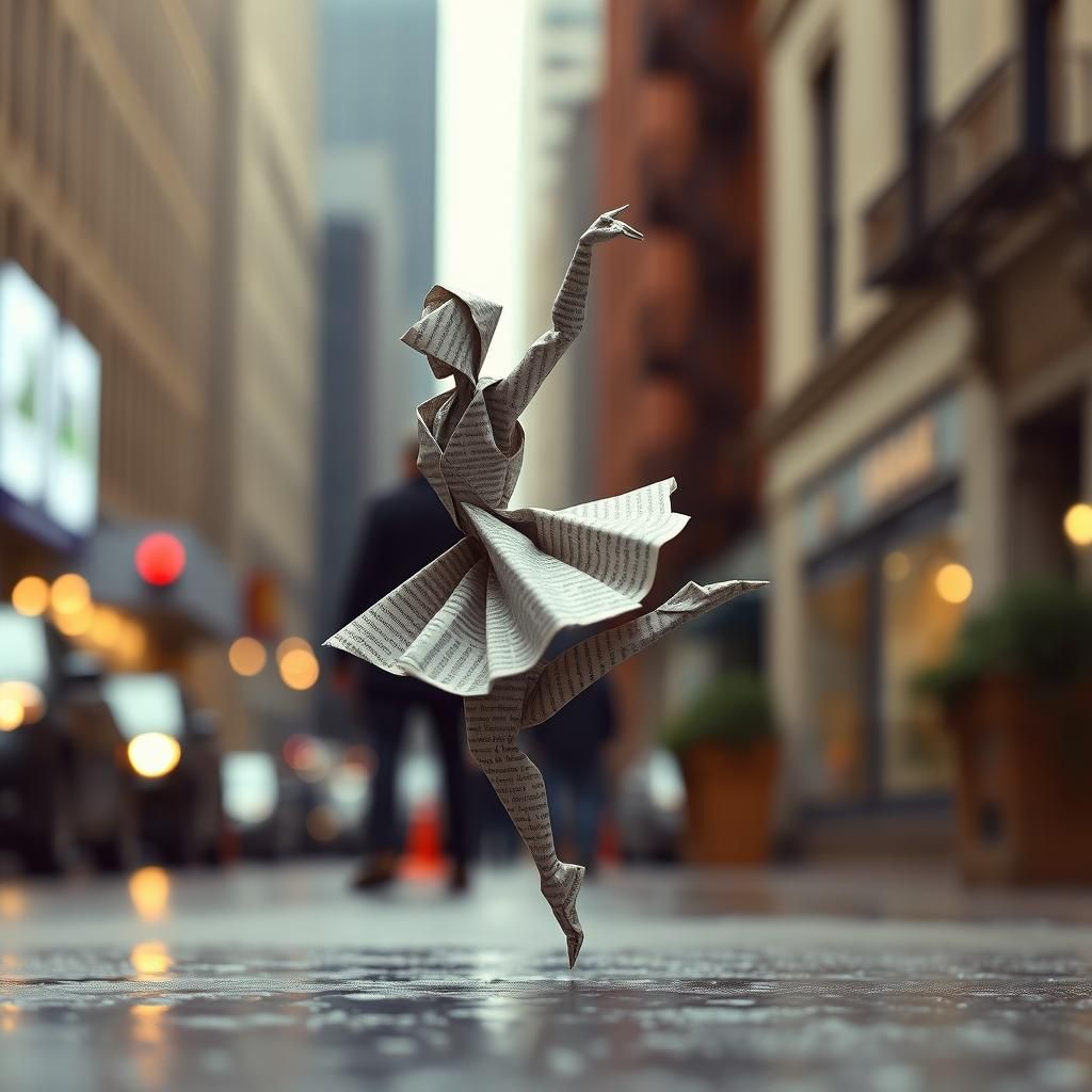 Origami Dancer on Wet New York Street: Cinematic