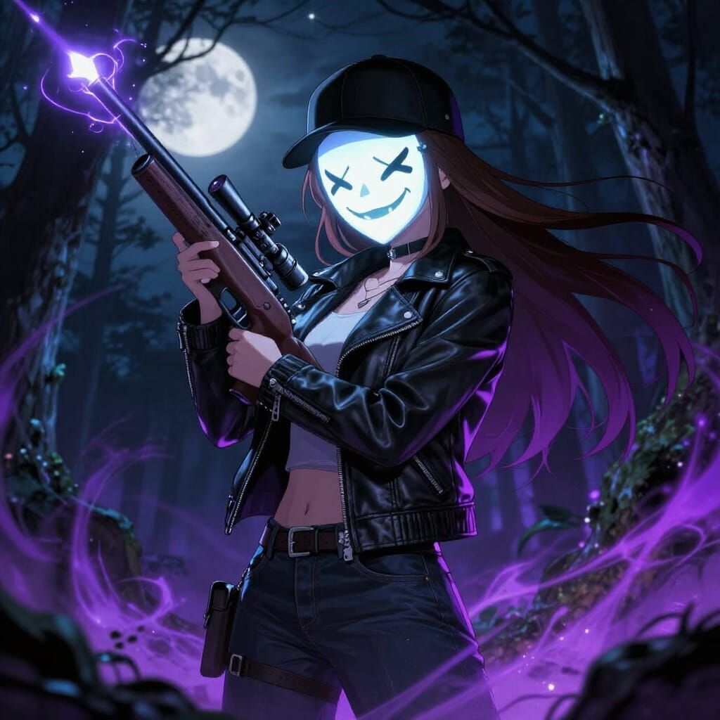 Anime Girl in Scary Mask with Sniper Rifle in Moonlit Forest