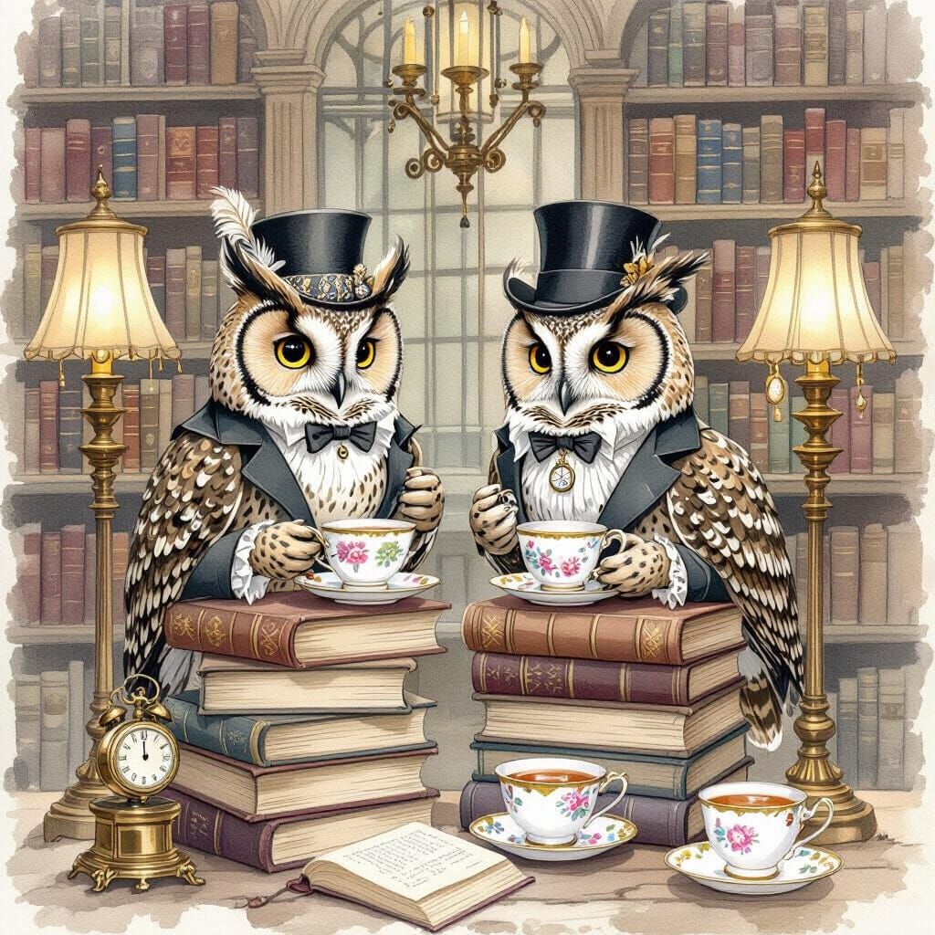 Owls in Victorian Attire Sipping Tea, Watercolor Style
