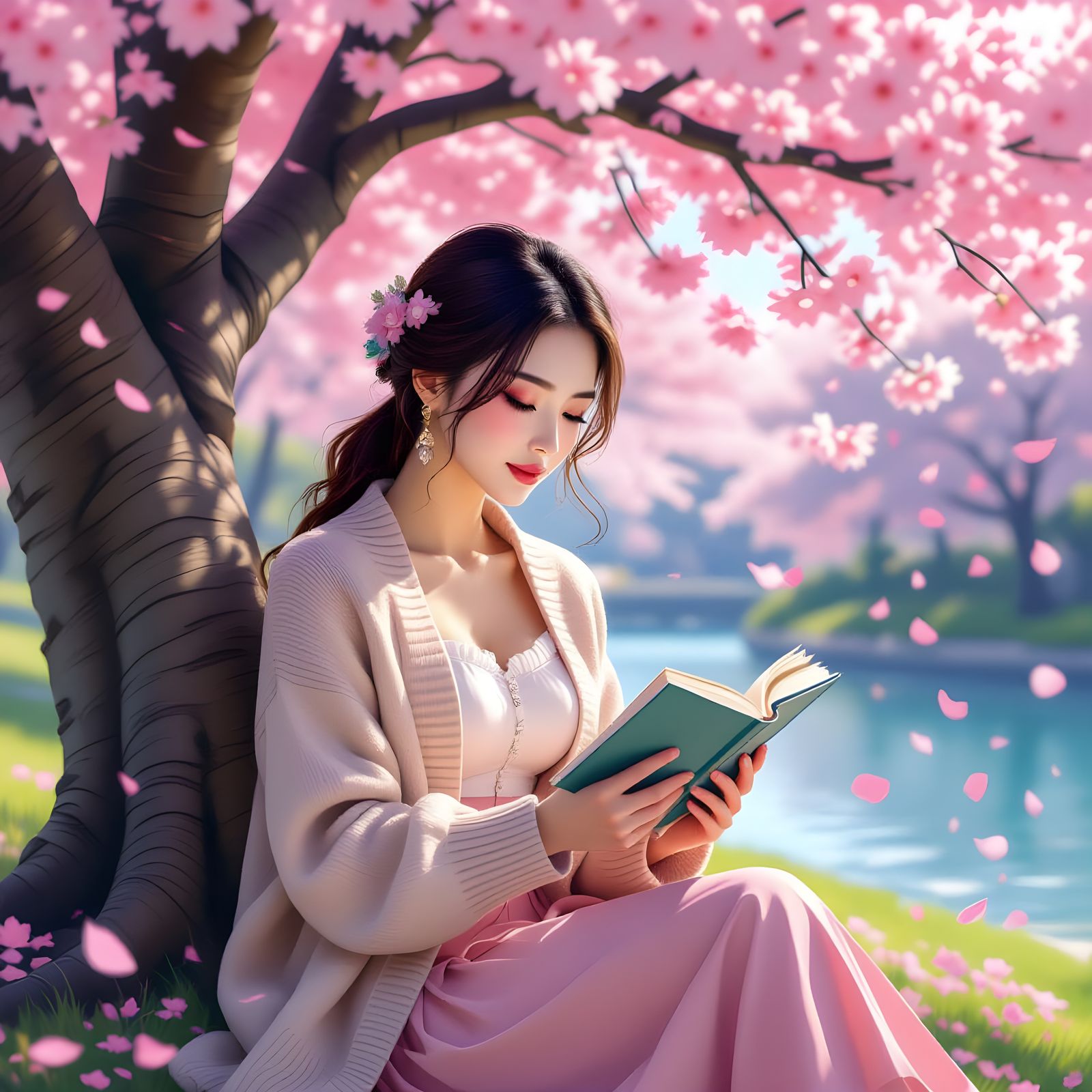 Woman Reading Under Cherry Blossom Tree in Serene Park