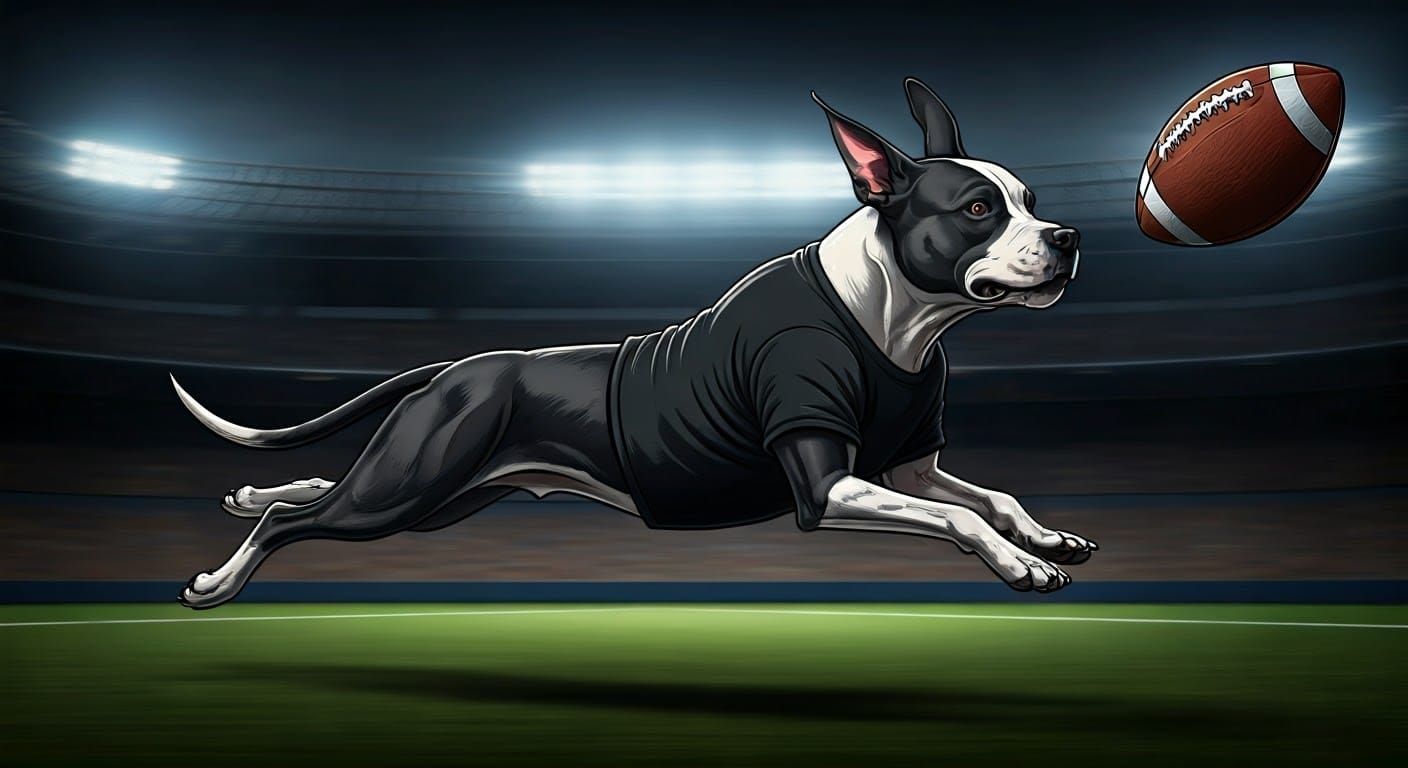 Dynamic Hound Dog Chases Football in Stadium