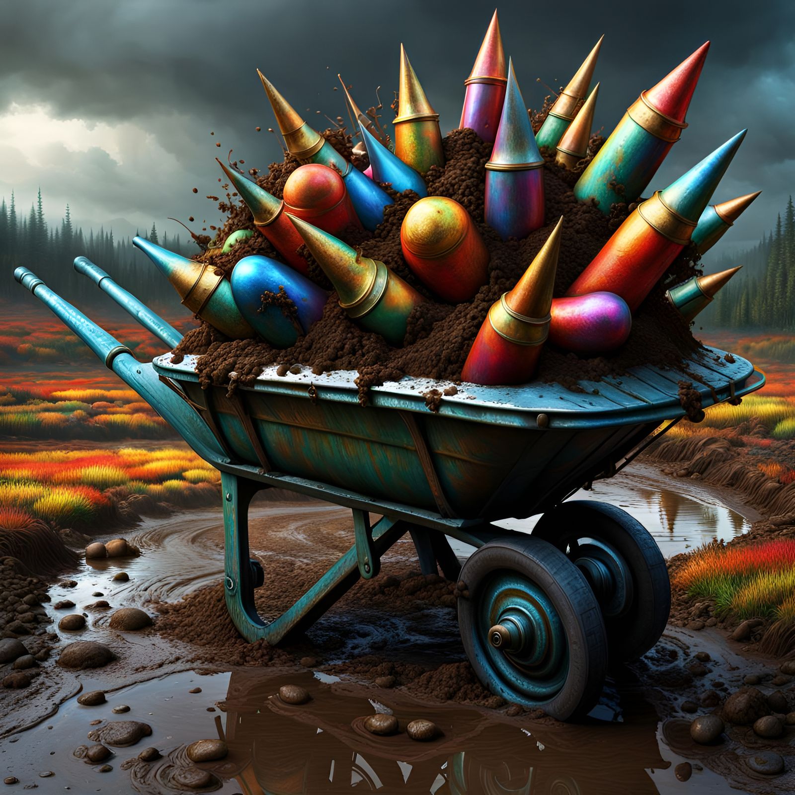 Psychedelic Wheelbarrow in Ruined Landscape, Digital Art