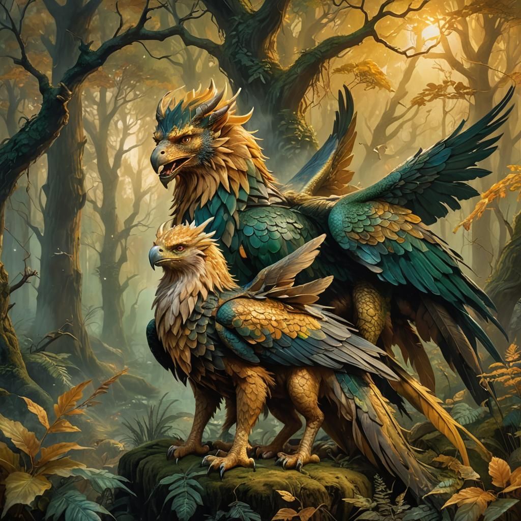 Griffin and Dragon in Mystical Forest Painting