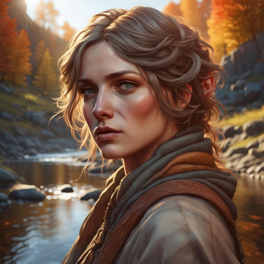 Woman by River in Autumn, Hyperdetailed Art Nouveau Portrait