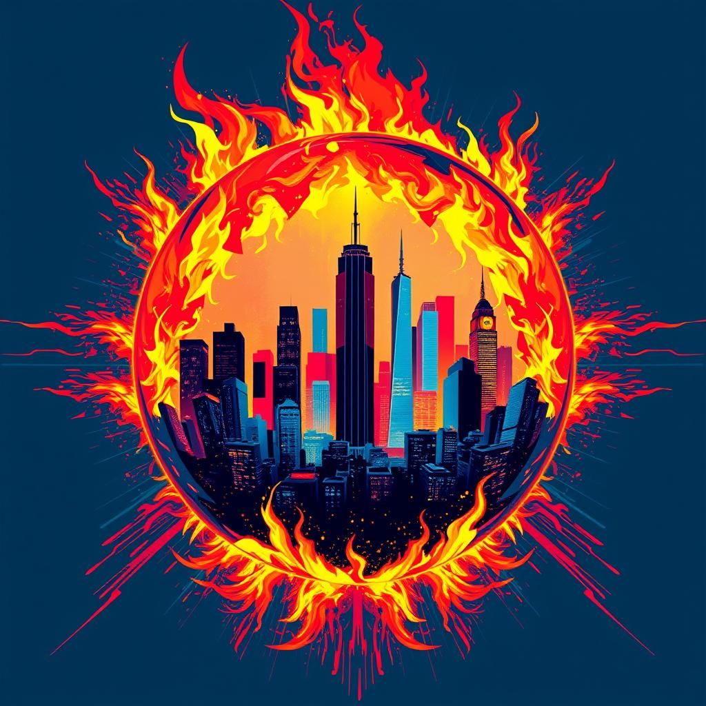 Fiery City in Glass Sphere: Screen Print Art