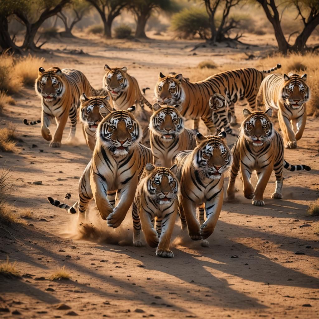 Wild Tigers in Golden Hour, African Savannah