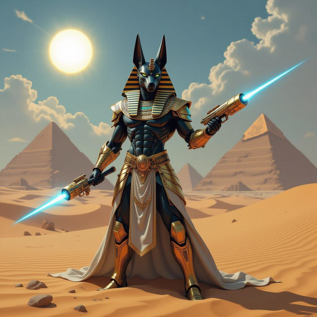 Anubis Cyborg Pharaoh With Laser Gun in Desert