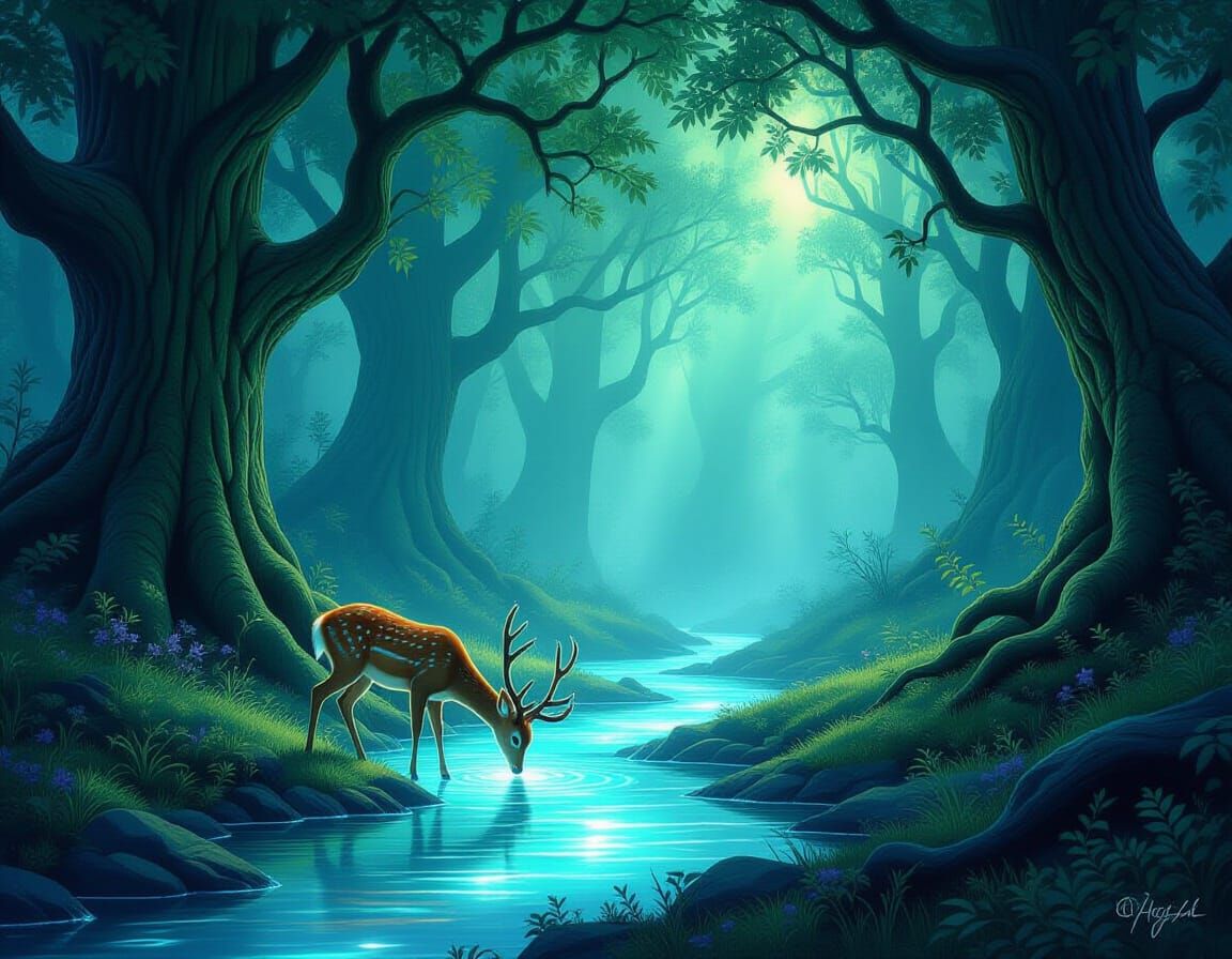 Enchanted Forest With Glowing Stream and Deer