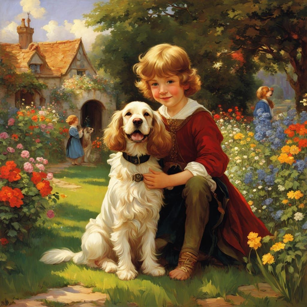 Medieval Garden Scene with Joyful Siblings and a Ruby Cocker...