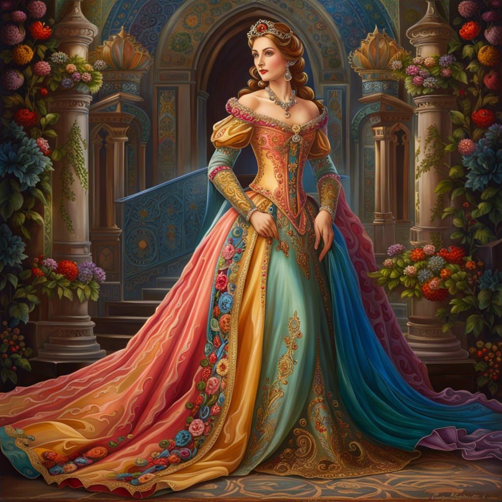 Colorful Fairytale Maiden in Elegant Ballgown Portrait