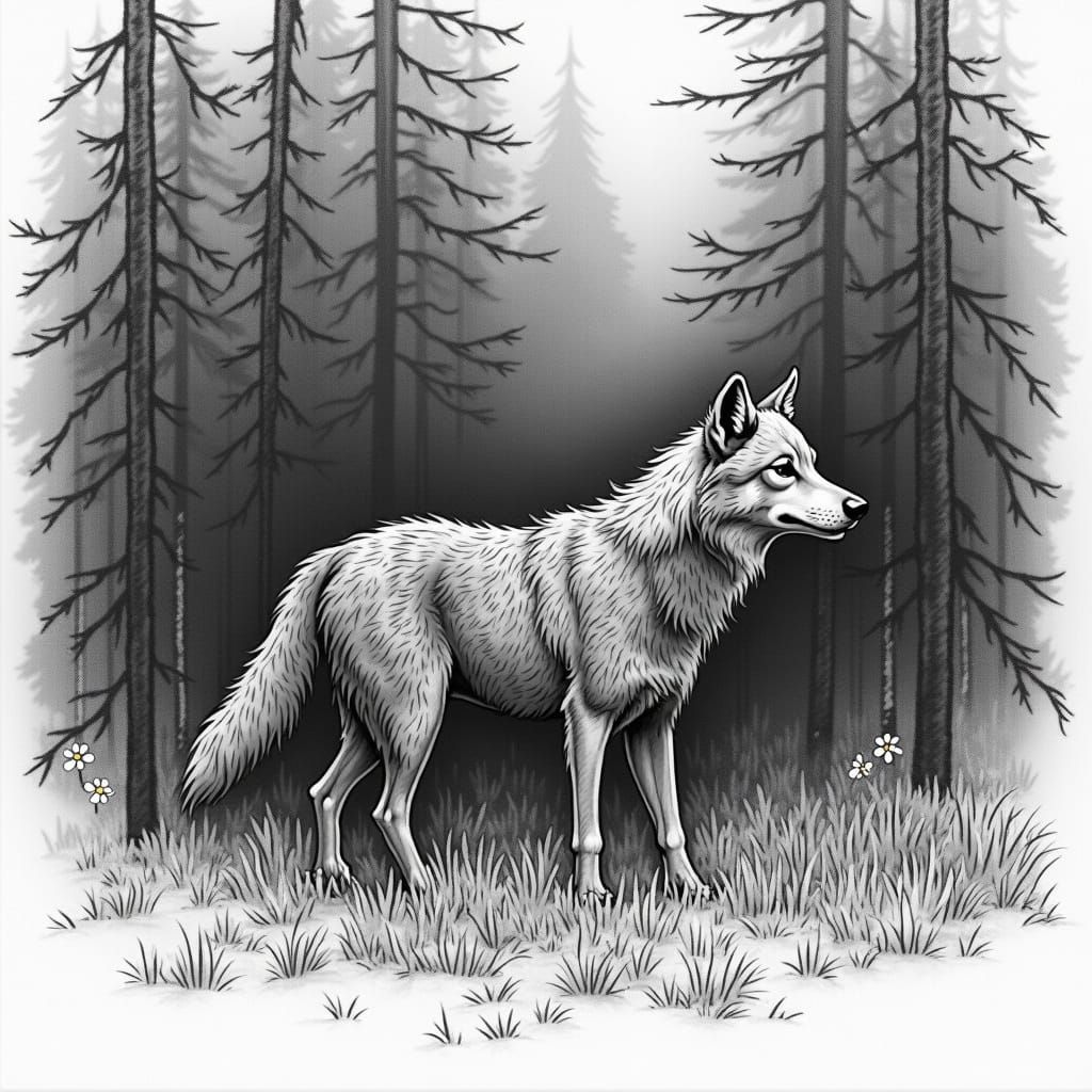 Grey Wolf in Taiga Forest: Charcoal Sketch
