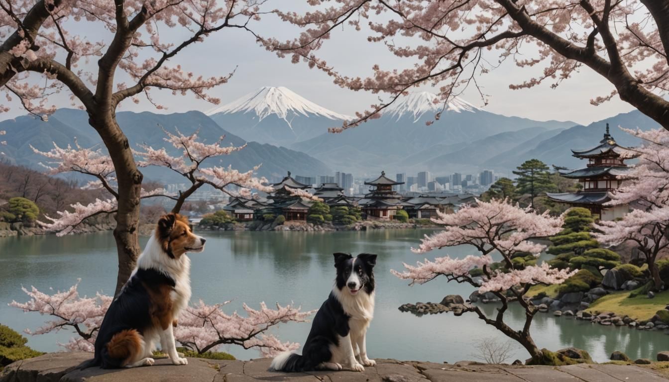 Sakura Tree, Lake, Border Collie, and Temple