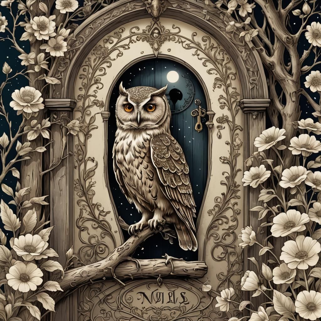 Victorian Owl Illustration with Skeleton Key Silhouette