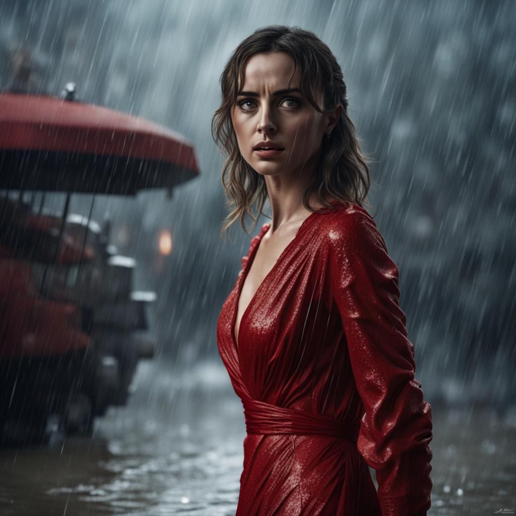 Ana de Armas in Red Dress During Heavy Rain