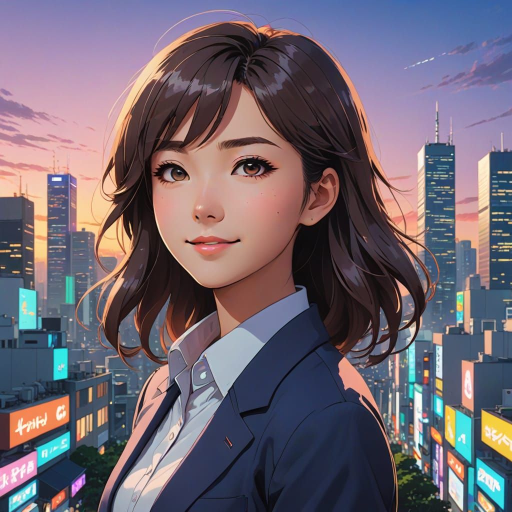 Charming Anime Realtor in Vibrant Tokyo Cityscape