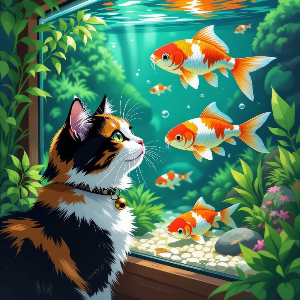 Calico Cat's Dream of Koi, Digital Art