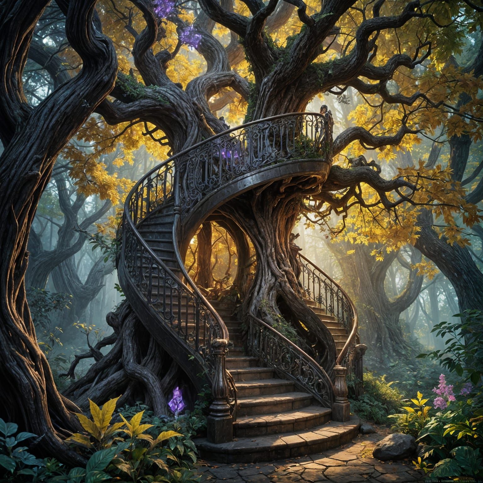 Ancient Tree Spiral Staircase in Dark Fantasy Art