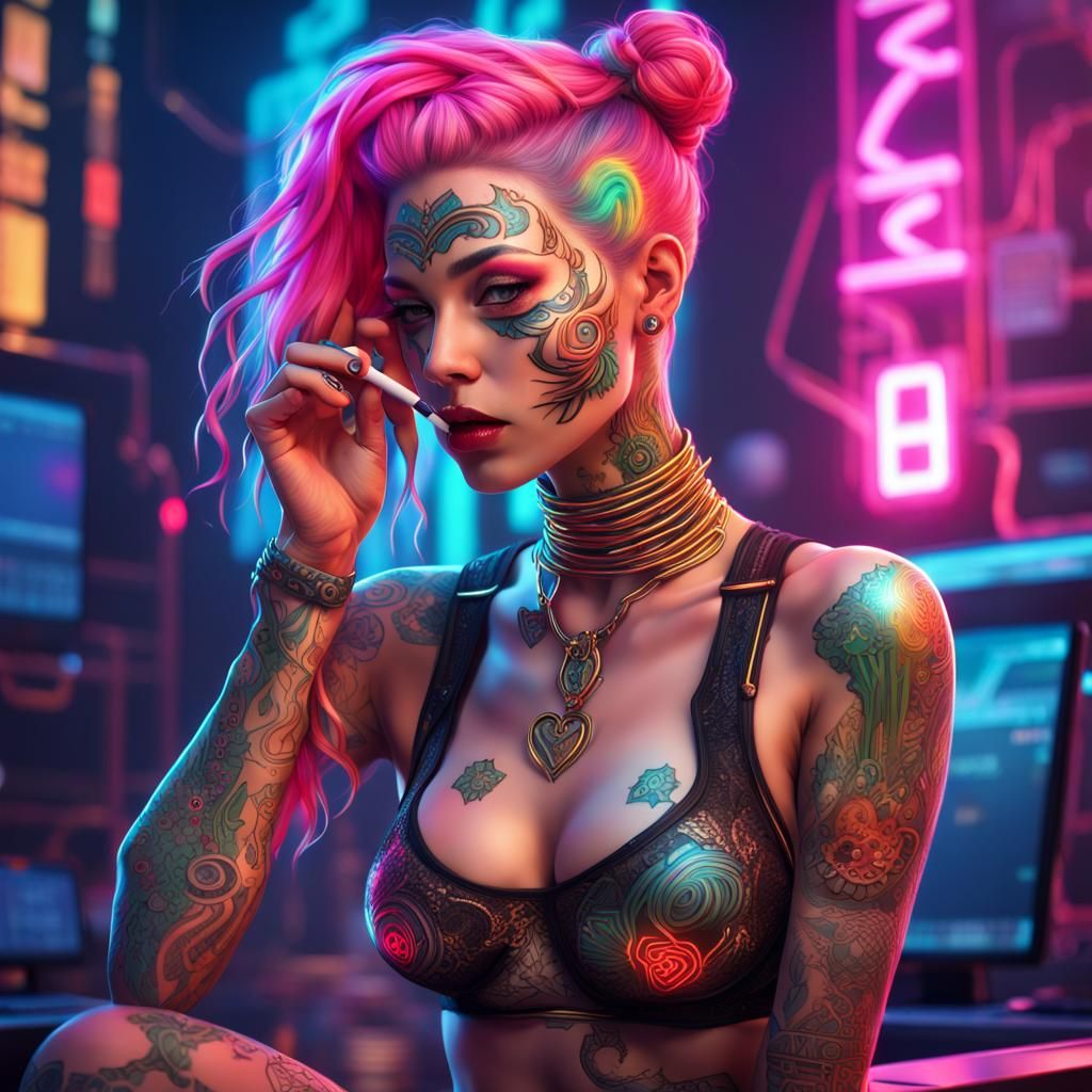Rainbow Haired Cyberpunk Girl in Neon Cityscape