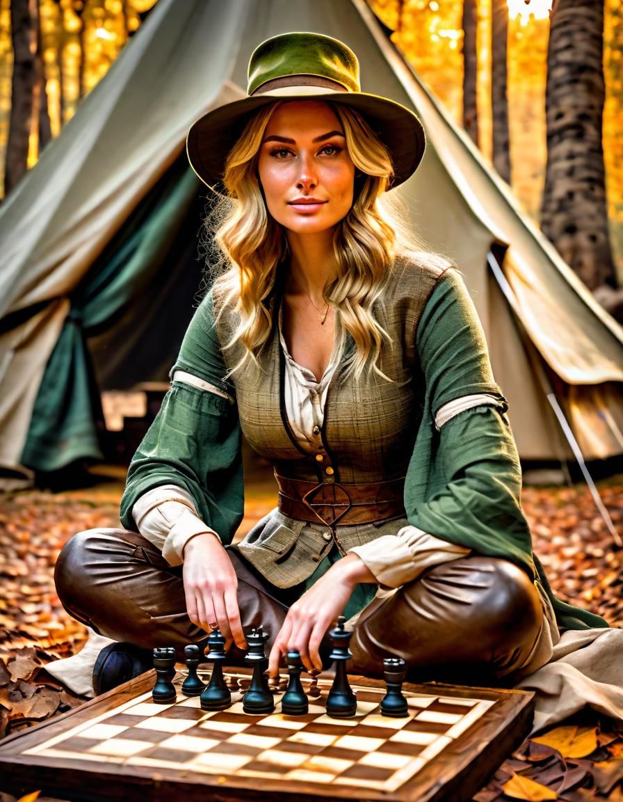 Renaissance Woman Plays Chess in Autumn Forest